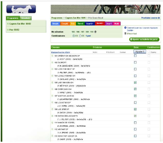 liste des partants et selection des chevaux a jouer